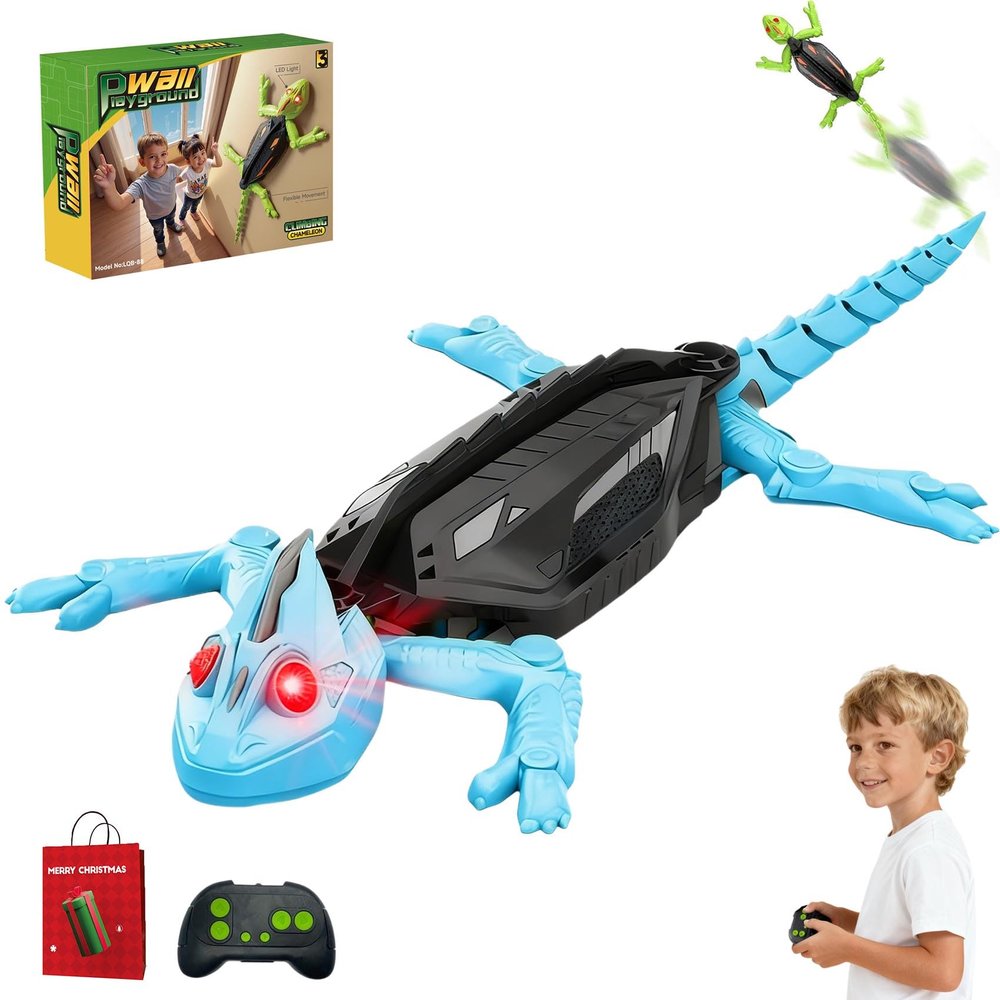 Electric Lizard Toy with LED Glowing Eyes + Twisty Tail,Wall Climbing Gecko RC Toy,Floor & Wall Driving Crawling Dual Mode,Remote Control Lizard Realistic Car Toys,RC Crawler Gecko for Kids (Blue)