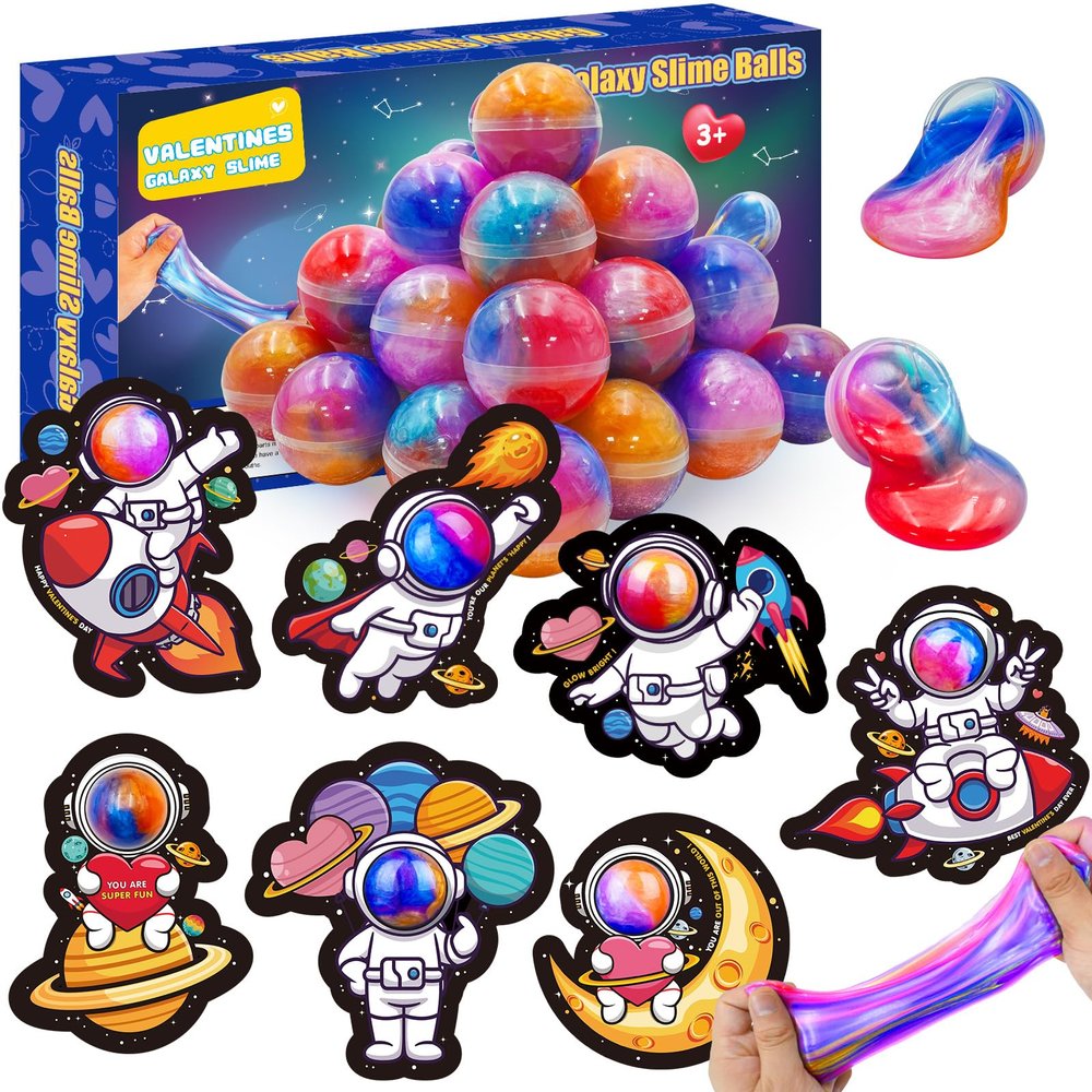 28 Pack Valentines Day Gifts for Kids, Valentines Galaxy Slime with Valentines Cards Kids Stress Relief Fidget Set Valentines Day Gifts for School Classroom Valentines Party Favors