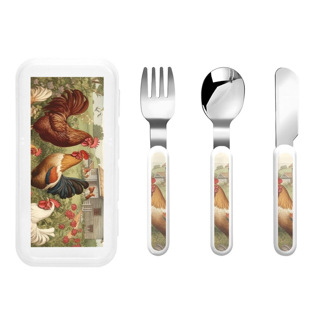 3-Piece Kids Silverware Set, Stainless Steel Reusable Children Safe Knife Spoon Fork Set With Storage Case Chickens And Farm Children Flatware Set For Kids Lunch Box