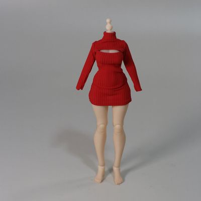 1/12 Scale Female High-Neck Open-Front Ribbed Dress for 6-inches Action Figure Body Doll, 1/12 Stretchy Tight-Fitting Short Bodycon Open Chest Long Sleeves Dress (red)