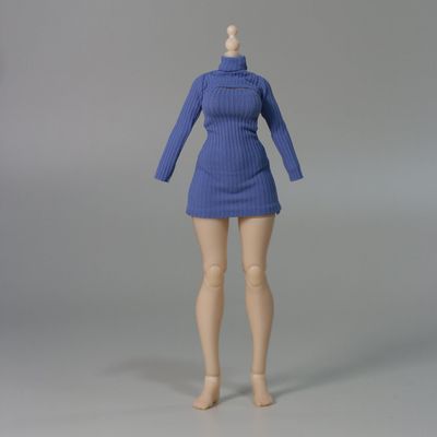 1/12 Scale Female High-Neck Open-Front Ribbed Dress for 6-inches Action Figure Body Doll, 1/12 Stretchy Tight-Fitting Short Bodycon Open Chest Long Sleeves Dress (Blue)