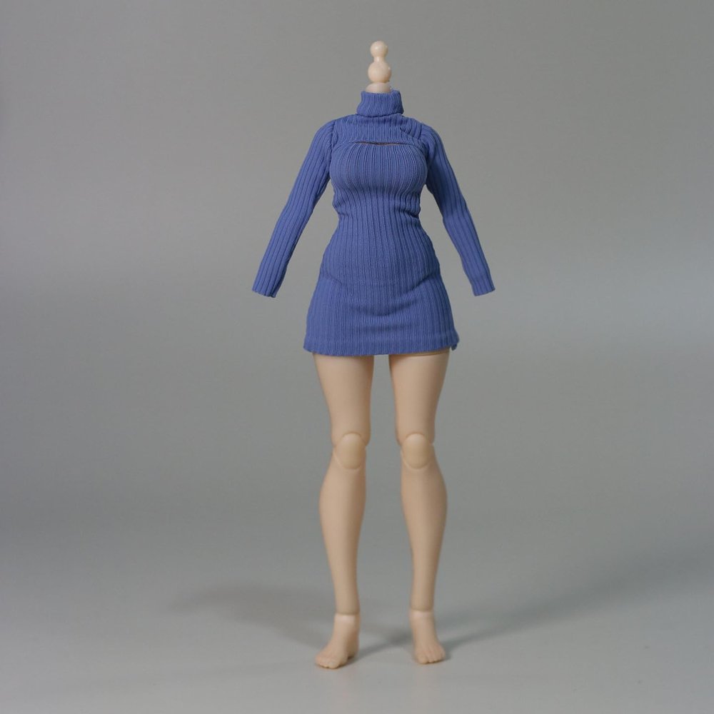 1/12 Scale Female High-Neck Open-Front Ribbed Dress for 6-inches Action Figure Body Doll, 1/12 Stretchy Tight-Fitting Short Bodycon Open Chest Long Sleeves Dress (Blue)