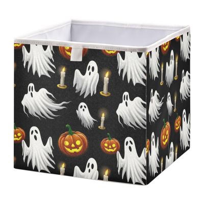 Emelivor Black Halloween Spooky Boo Print Cube Storage Bin Collapsible Water-resistant Storage Cubes Basket for Cube Organizer Bins for Kids Nursery Book Bathroom Boys - 11.02x11.02x11.02 IN