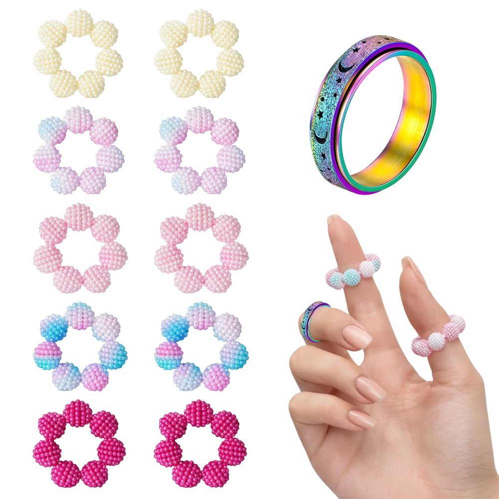 11PCS Fidget Ring Set, Finger Fidgets, Spiky Fidget Sensory with Rotating Beads, 10 Textured Rings and 1 Spinner Ring for Adults, Office Use
