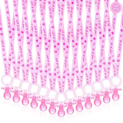 100 Pieces Baby Shower Pacifiers Necklace, Cute Acrylic Pacifier Necklaces for Chupones para Baby Shower Games Charm, Party Favors, Decorations DIY, Gender Reveal Table Scatter(Pink)