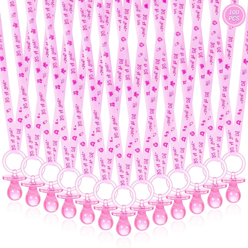 100 Pieces Baby Shower Pacifiers Necklace, Cute Acrylic Pacifier Necklaces for Chupones para Baby Shower Games Charm, Party Favors, Decorations DIY, Gender Reveal Table Scatter(Pink)
