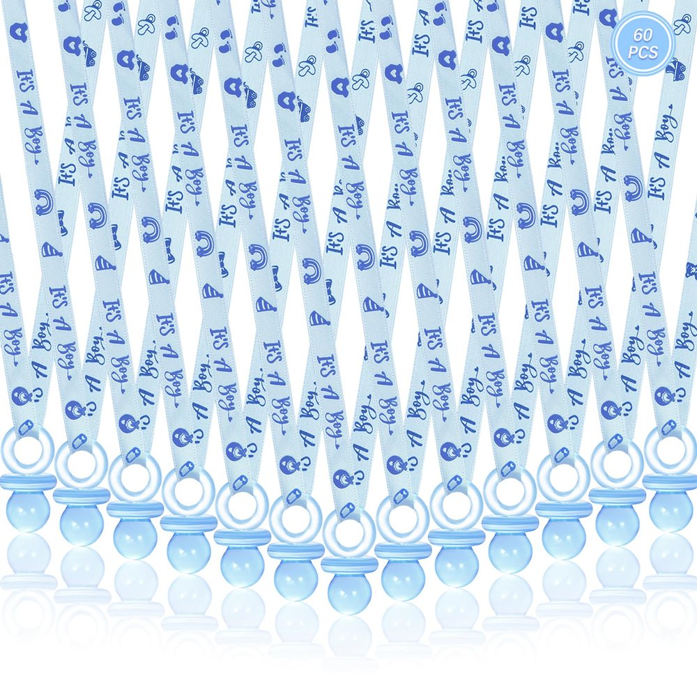 60 Pcs Baby Shower Pacifiers Necklace, Cute Acrylic Pacifier Necklaces for Chupones para Baby Shower Games Charm, Party Favors, Decorations DIY, Gender Reveal Table Scatter(Blue)