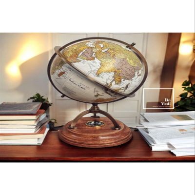 Classic White World Globe with Wooden Stand and Compass 35 cm (13.8 inch) - Traditional Desktop Globe for Home Office