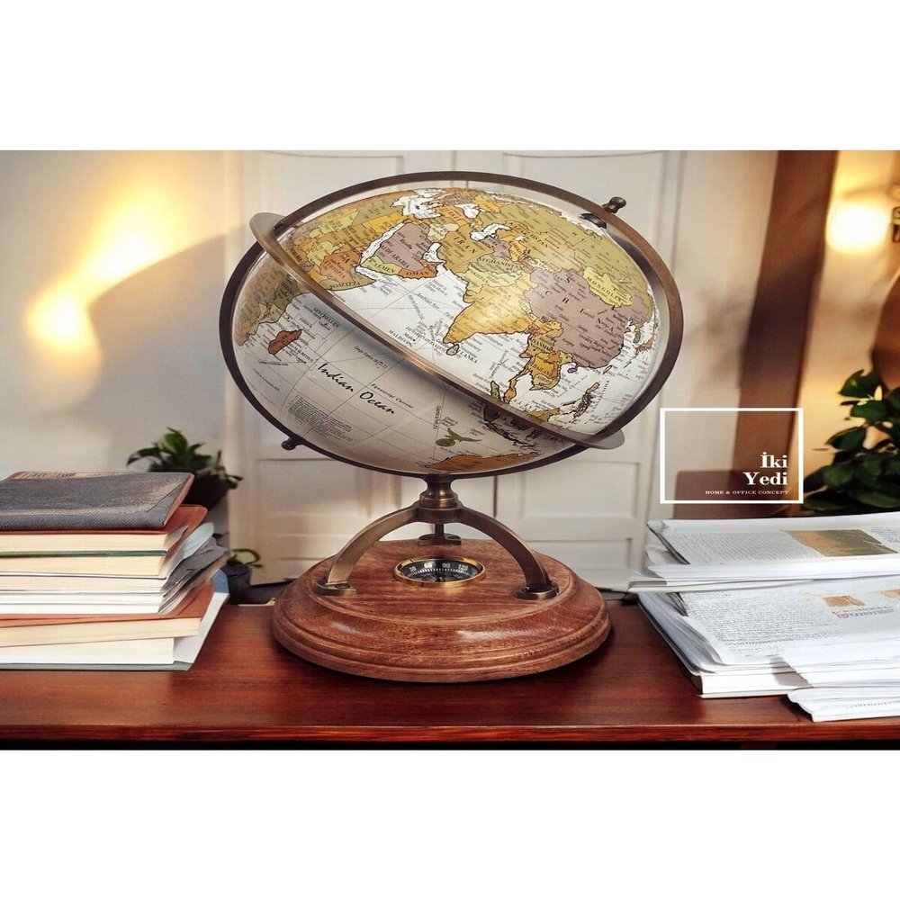 Classic White World Globe with Wooden Stand and Compass 35 cm (13.8 inch) - Traditional Desktop Globe for Home Office