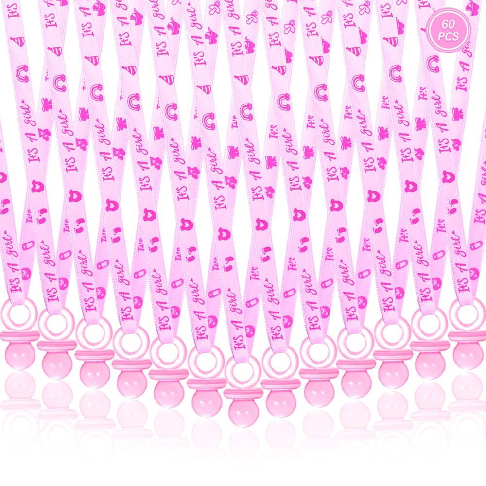 60 Pcs Baby Shower Pacifiers Necklace, Cute Acrylic Pacifier Necklaces for Chupones para Baby Shower Games Charm, Party Favors, Decorations DIY, Gender Reveal Table Scatter(Pink)