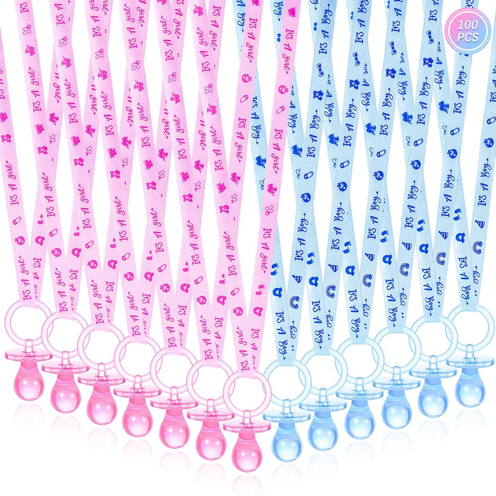 100 Pieces Baby Shower Pacifiers Necklace, Cute Acrylic Pacifier Necklaces for Chupones para Baby Shower Games Charm, Party Favors, Decorations DIY, Gender Reveal Table Scatter(Pink&Blue)