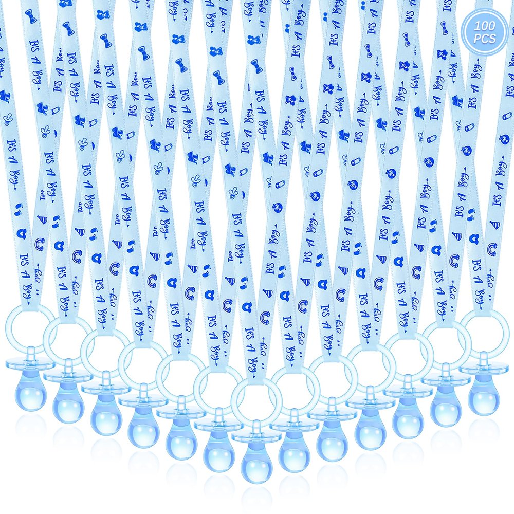 100 Pieces Baby Shower Pacifiers Necklace, Cute Acrylic Pacifier Necklaces for Chupones para Baby Shower Games Charm, Party Favors, Decorations DIY, Gender Reveal Table Scatter(Blue)