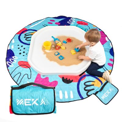 MEKA Tuff Tray Large 38"x38" White + Waterproof Sensory Mat 67" Blue, Activity Tray with playmat for Kids Creative, Messy, Everyday Fun, Children and Toddlers Stuff, Outdoor and Indoor