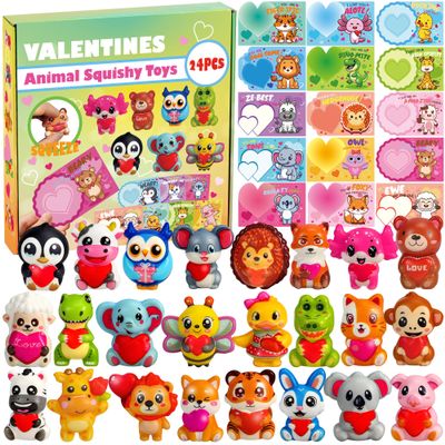 24Pcs Valentines Day Gifts with Cards for Kids, Animal Heart Squishy Toys for Party Favors, Galentines School Gift Exchange, Classroom Prizes, Bag Stuffers