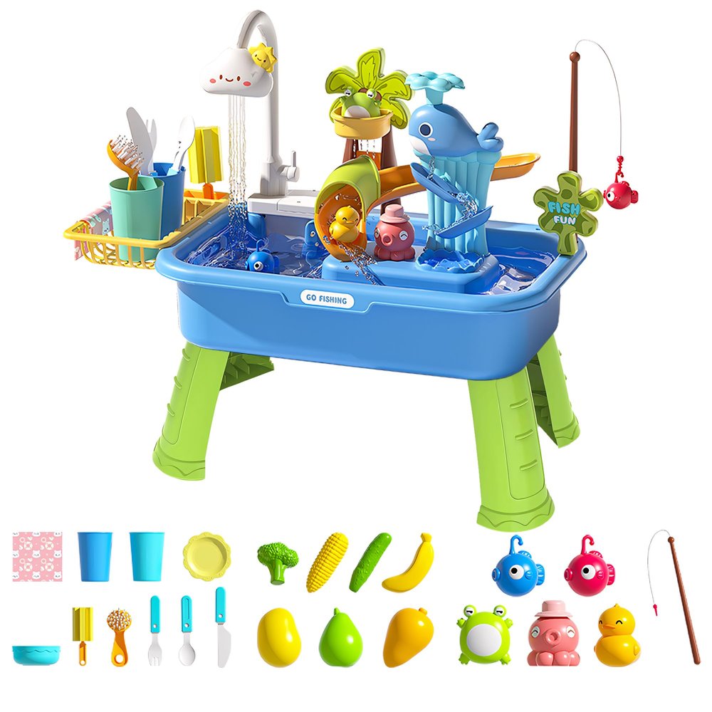 Dtadvlo Upgraded Toddler Sand Water Table Toy with Electric Water Pump, Kids Sand Water with Faucet/Play Food Accessories/Fishing Toy, Kitchen Play Sink Toys for Girl Boy Age 3+