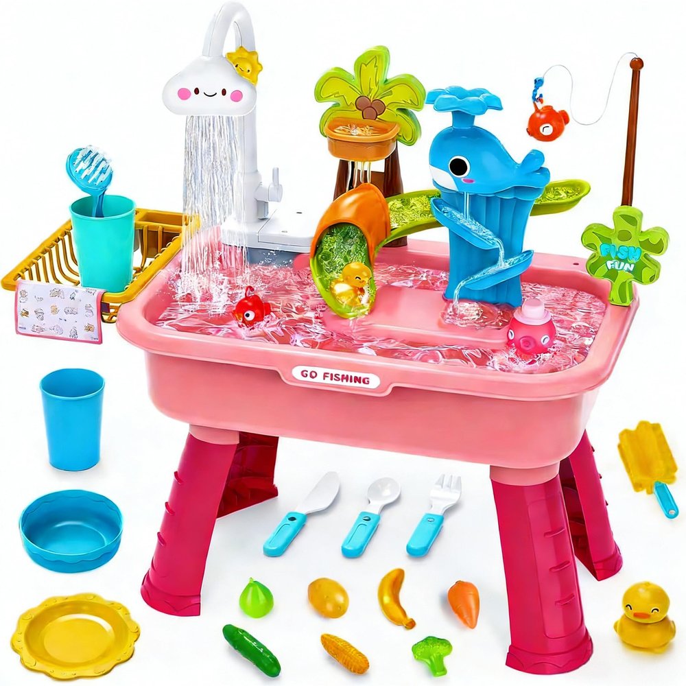 Dtadvlo Upgraded Toddler Sand Water Table Toy with Electric Water Pump, Kids Sand Water with Faucet/Play Food Accessories/Fishing Toy, Kitchen Play Sink Toys for Girl Boy Age 3+