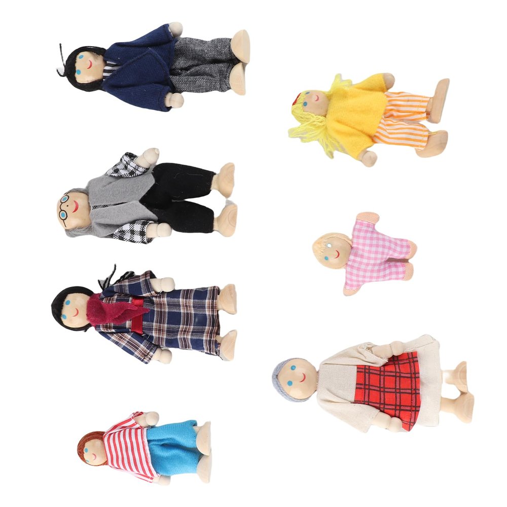 Estink Dollhouse People Family Doll Figures Set Pine Wood Miniature Toys for Kids Ages 1-7 Enhances Creativity with Flexible Limbs for Roleplaying Games (New Puppet 7 Mouths)