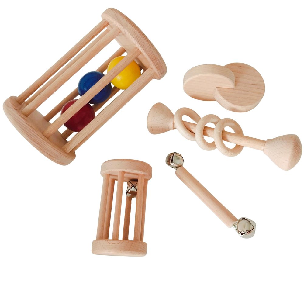 Montessori Wooden Baby Toy Set Natural Beech Wood Sensory Toys for Infants (012 Months) | Rolling Drum, Wooden Rattles, Bell Shaker, Teether Rings | Non-Toxic, Handmade Development Toys