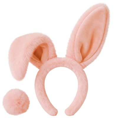 D-Fokes Easter Bunny Ears Headband and Bunny Tail, Rabbit Ears Headband for Halloween Easter Party Cosplay Bunny HairbandsPink