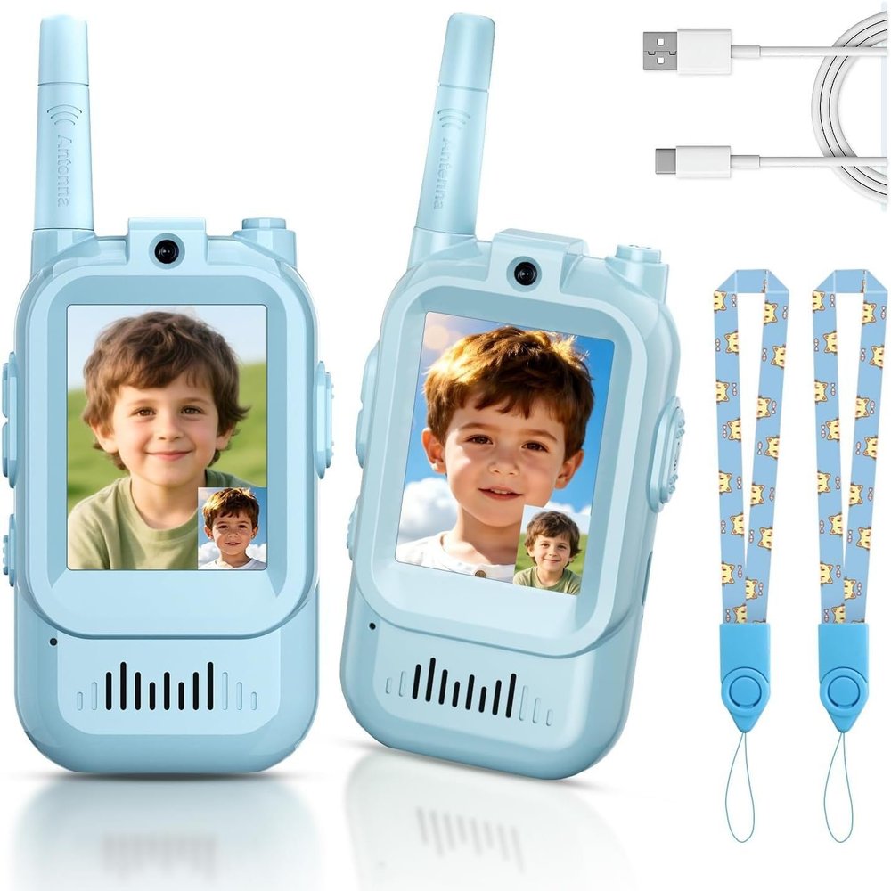 Video Walkie Talkies for Kids 2 Pack: Rechargeable Toys with HD Camera, Voice Changer & Long Range, Ideal Gifts for Boys & Girls Ages 3-12 for Camping, Hiking, Outdoor Play (Blue+Blue)
