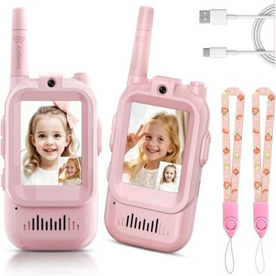 Video Walkie Talkies for Kids 2 Pack: Rechargeable Toys with HD Camera, Voice Changer & Long Range, Ideal Gifts for Boys & Girls Ages 3-12 for Camping, Hiking, Outdoor Play (Pink+Pink)