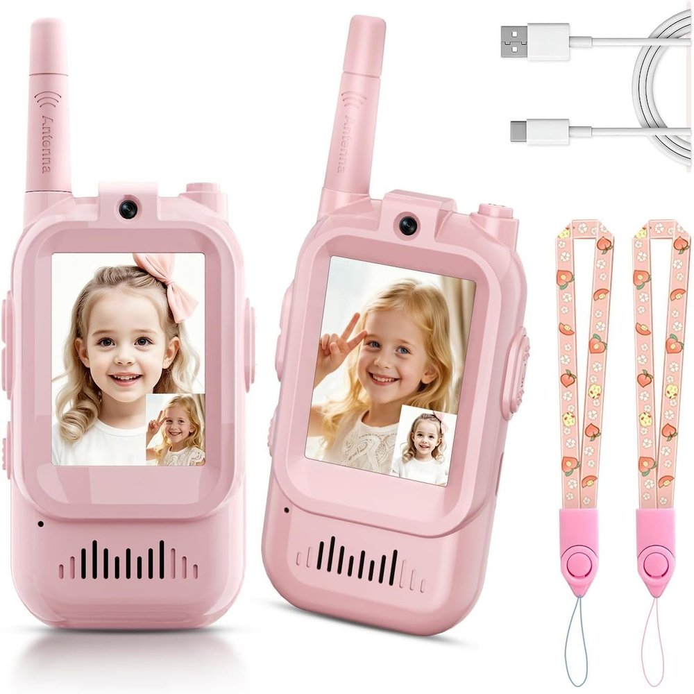 Video Walkie Talkies for Kids 2 Pack: Rechargeable Toys with HD Camera, Voice Changer & Long Range, Ideal Gifts for Boys & Girls Ages 3-12 for Camping, Hiking, Outdoor Play (Pink+Pink)