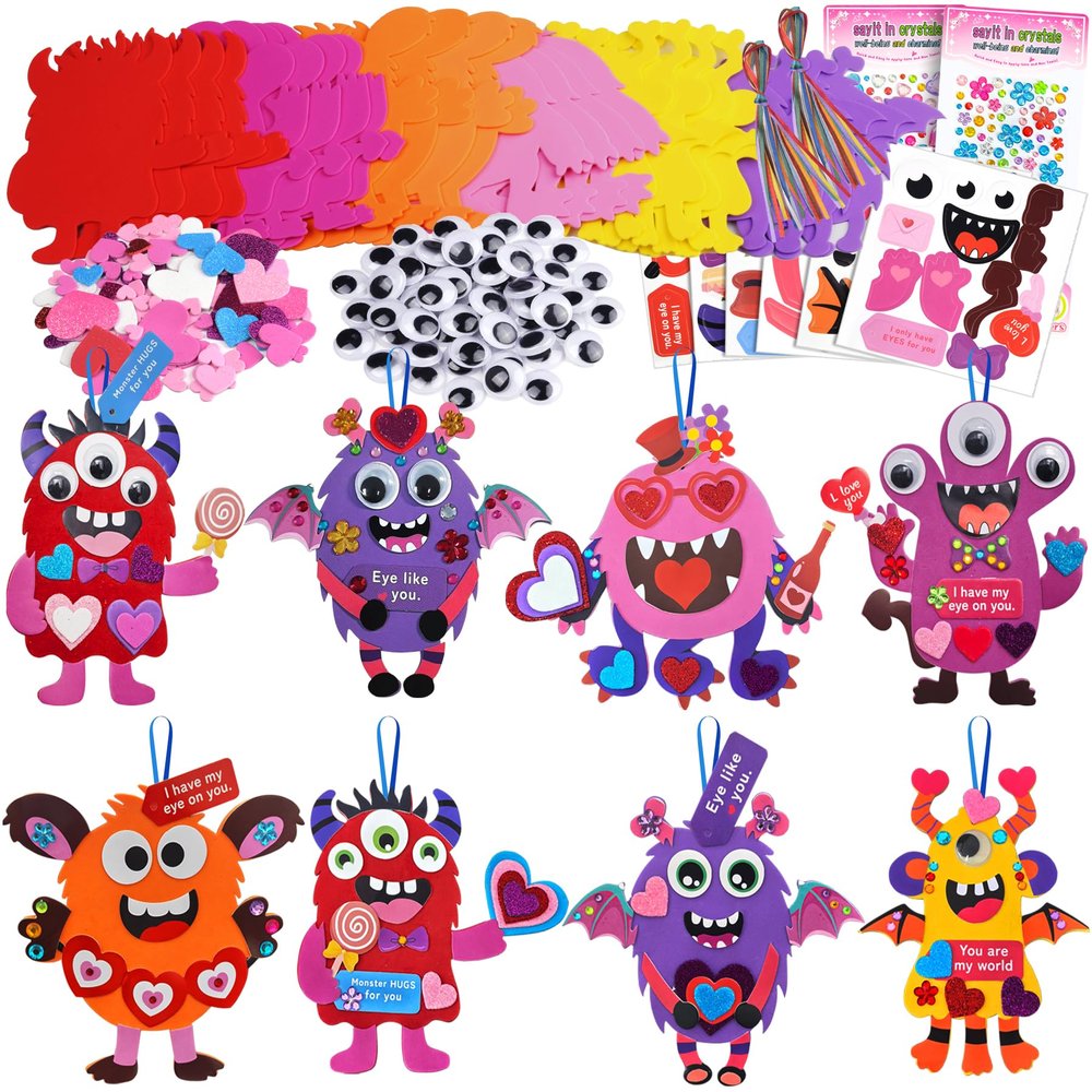 24 Sets Valentines Day DIY Crafts for Kids,Holiday Foam Shapes Monster Valentine Ornaments Craft Art Kits,Make Your Own Monster Craft Bulk for Kids Home Classroom Project Activities Gift Exchange