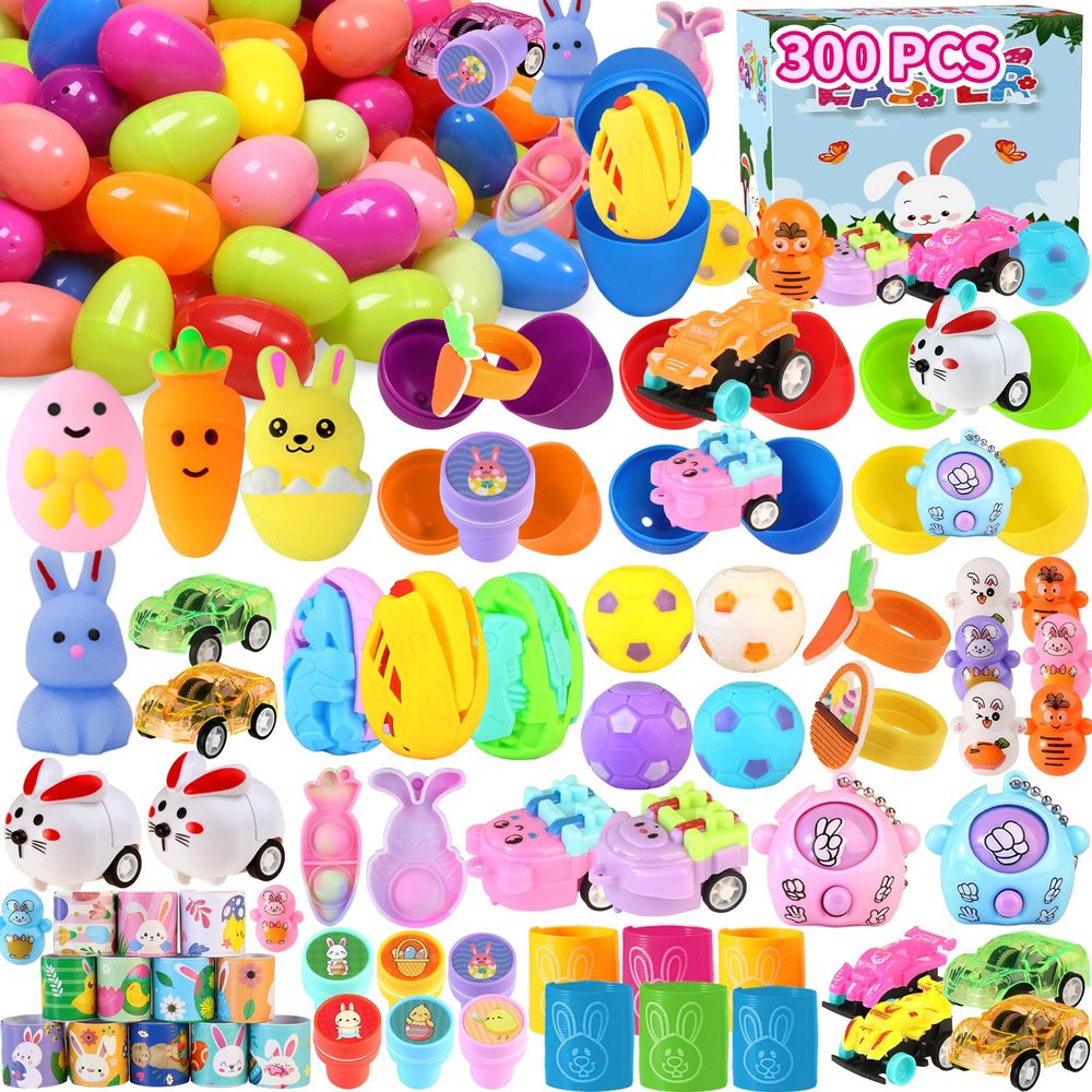 300pcs Bulk Prefilled Easter Eggs with Toys Filled Easter Eggs for Kids, Pre Filled Easter Eggs Bulk, Stuffed Easter Eggs with Toys for Easter Egg Hunt Supplies, Basket Stuffers & Classroom Prizes