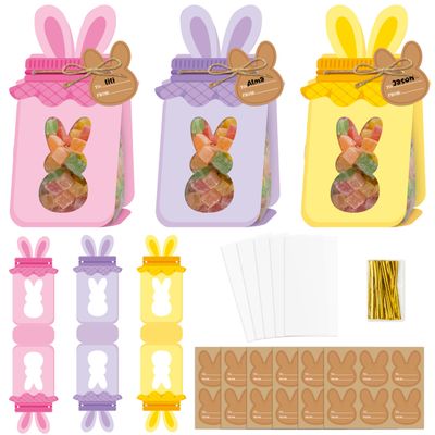 B1ykin Easter Rabbit Mason Jar Candy Bags - 36 Sets DIY 3D Standable Candy Holder Goodie Treat Bags with Clear Window Name Tags Cards, Easter Exchange Gifts, Classroom Party Favor for Kids (Bunny Ear)