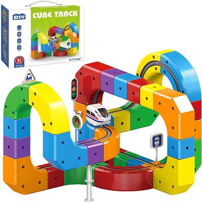 Electric Train Set, 3D Magic Flexible Race Track, DIY Track Fusion Train Set with Train and Traffic Signs, for 4-10 Year Old Boys Girls Christmas Birthday Party Gifts (81pcs)