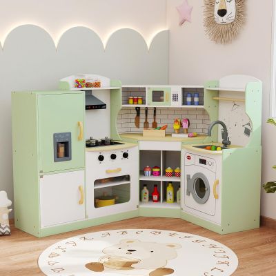 GLACER Play Kitchen, Wooden Toy Kitchen with Sounds & Lights, Washing Machine, Range Hood, Ice Maker, Microwave, Oven, Sink, Chef Suit, Kids Kitchen Playset for Toddler Age 3+ (Green)