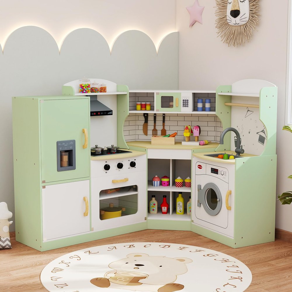 GLACER Play Kitchen, Wooden Toy Kitchen with Sounds & Lights, Washing Machine, Range Hood, Ice Maker, Microwave, Oven, Sink, Chef Suit, Kids Kitchen Playset for Toddler Age 3+ (Green)