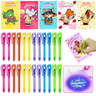 24 Pack Valentines Invisible Ink Pen with UV Light, Valentines Day Gifts for Kid with Valentine Cards Spy Pen School Classroom Prizes Valentines Day Gifts for Kids Boy Girl Valentine Party Favors