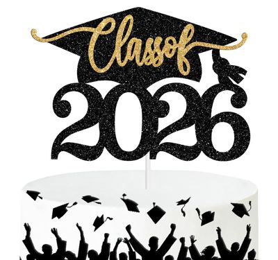 Class of 2026 Cake Topper, Congrats Grad/You Did It, High School/College/Bachelor/Master Graduation Party Decorations Supplies, Black and Gold Glitter