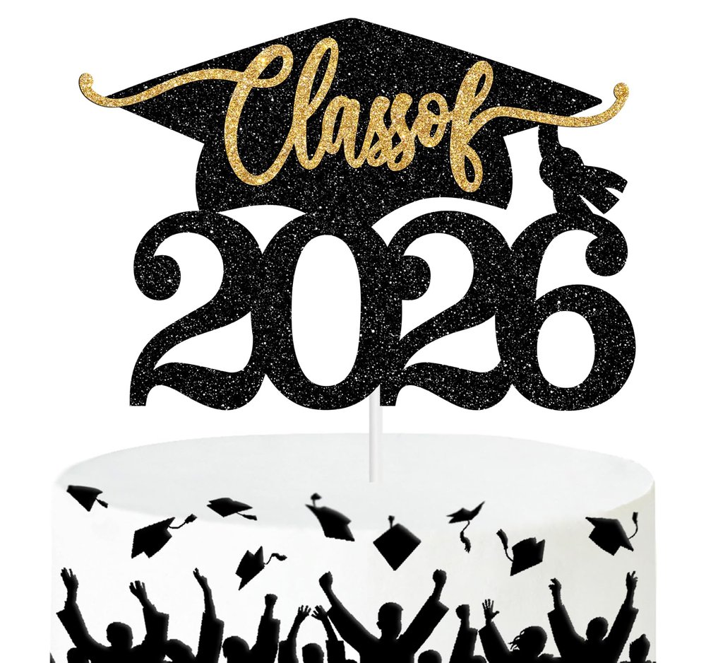 Class of 2026 Cake Topper, Congrats Grad/You Did It, High School/College/Bachelor/Master Graduation Party Decorations Supplies, Black and Gold Glitter