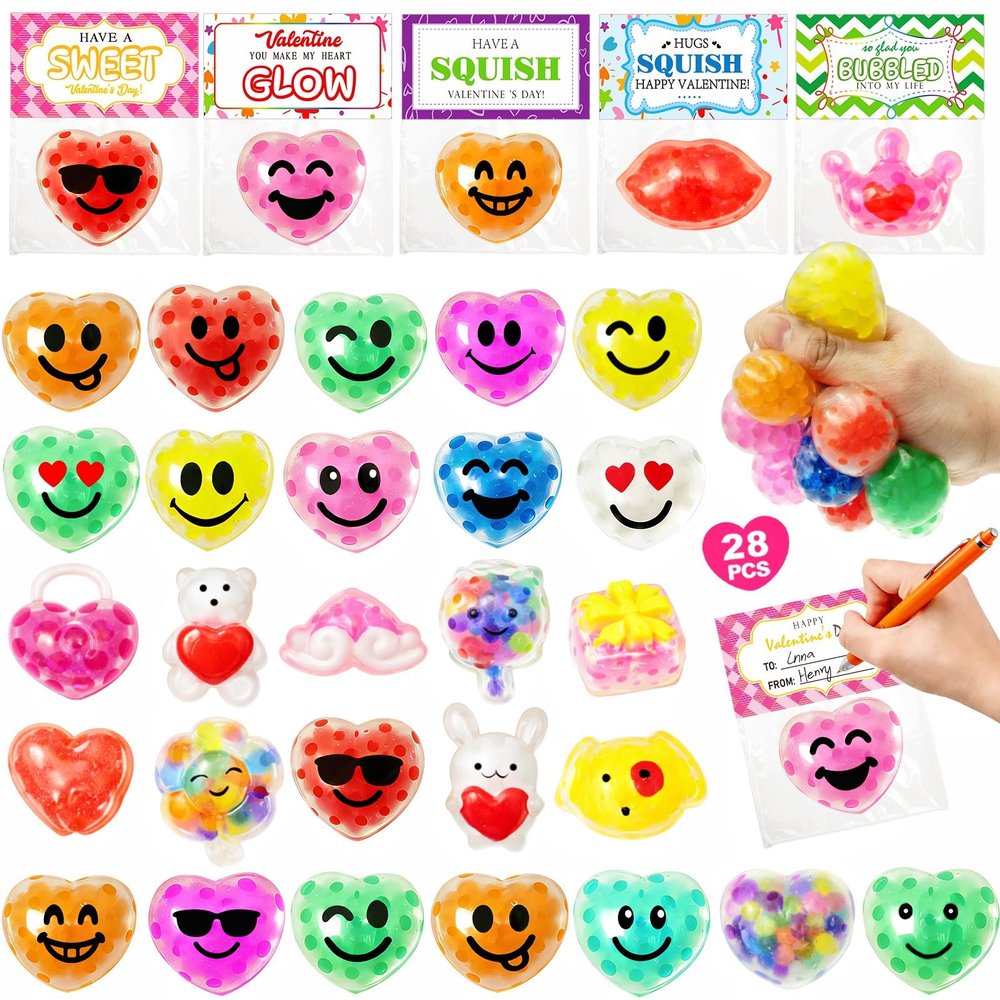 28 Pack Valentines Day Gifts for Kids, Valentines Squishy Stress Balls with Valentine Cards Classroom Prizes Exchange Gifts Prizes Valentines Day Gifts for Kids Boy Girl Valentine Party Favors