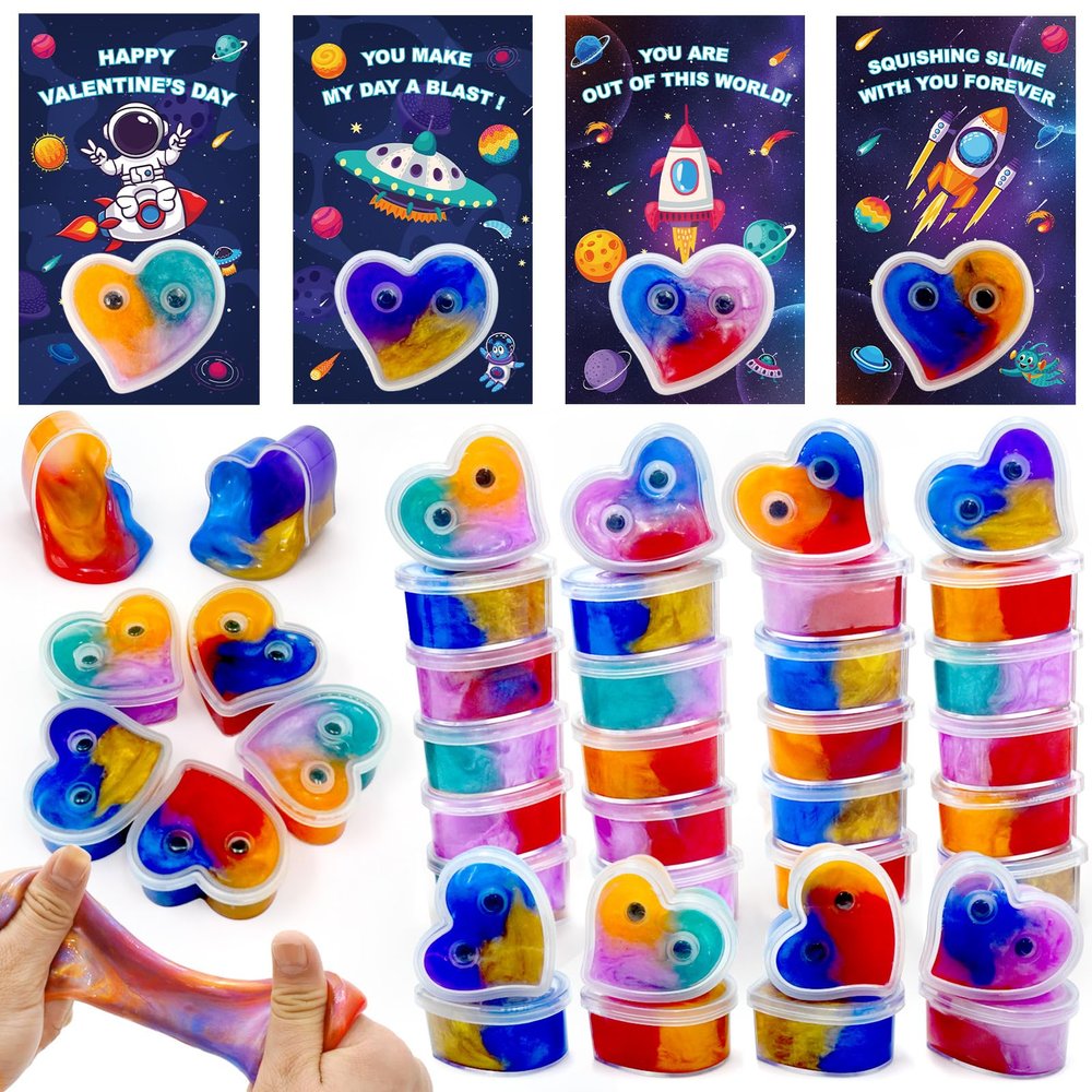 28 Packs Valentines Day Gifts for Kids, Valentines Galaxy Hearts Slime with Valentines Cards Stress Relief Fidget Toy for Kids Boys Girls School Classroom Prizes Party Favors Valentine Exchange Gifts
