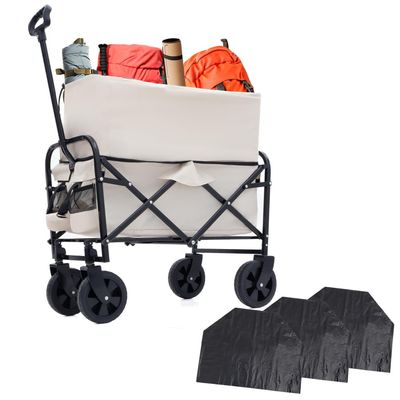 Heavy Duty Foldable Wagon Cart with 3-Piece Plastic Liner Set for Beach, Camping, Gardening and Grocery Hauling - Blue (Cream + Steel)