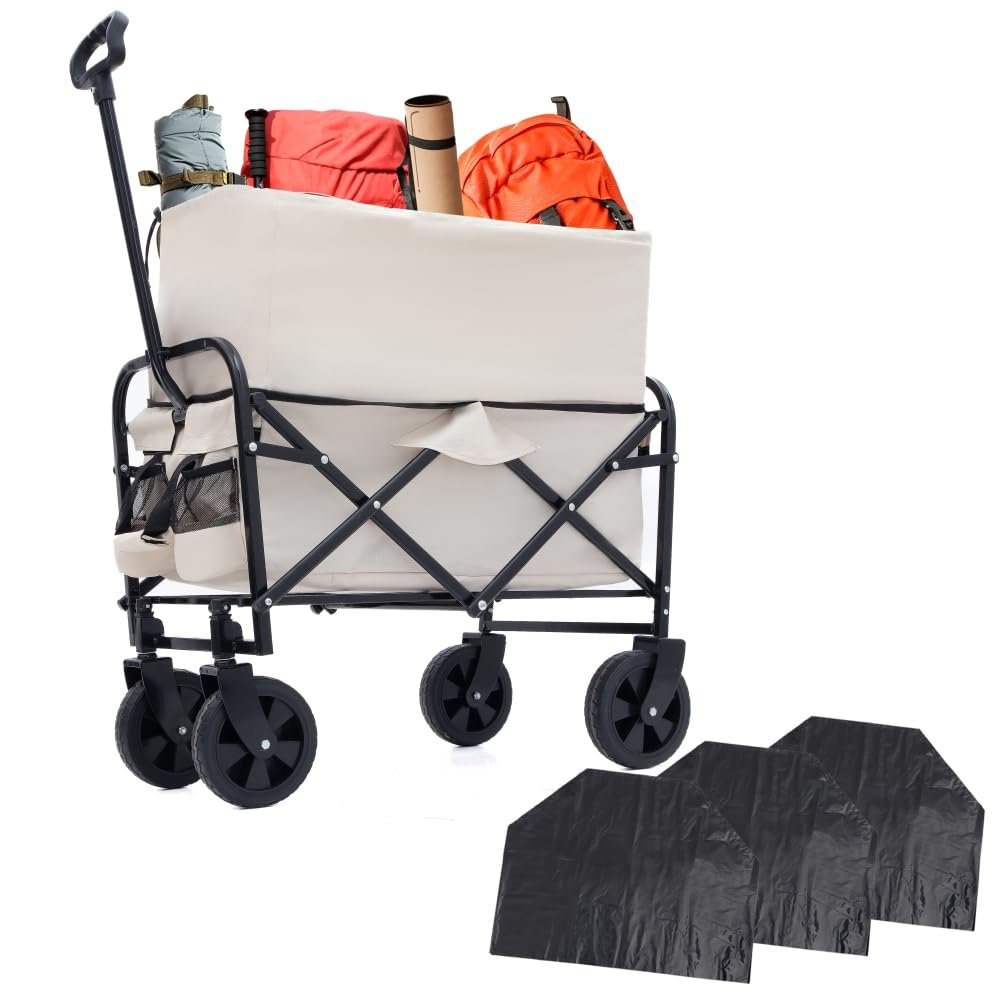Heavy Duty Foldable Wagon Cart with 3-Piece Plastic Liner Set for Beach, Camping, Gardening and Grocery Hauling - Blue (Cream + Steel)