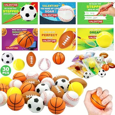 30 Pack Valentines Day Sport PU Balls with Gift Card , Mini Sports Ball Sqishy Toy Foam Squeeze Stress Relief Exchange Cards Gift Prizes Classroom Game Valentines Party Favors for Kids Girls Boys