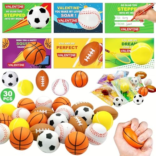 30 Pack Valentines Day Sport PU Balls with Gift Card , Mini Sports Ball Sqishy Toy Foam Squeeze Stress Relief Exchange Cards Gift Prizes Classroom Game Valentines Party Favors for Kids Girls Boys