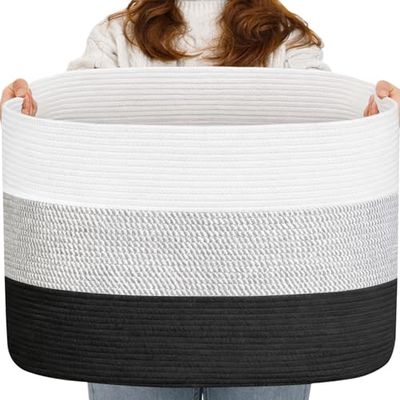 120L Extra Large Blanket Basket, Oversized Woven Cotton Rope Storage for Clothes, Pillows & Laundry, Toy Storage for Stuffed Animals with Handles for Kids Room, Living Room & Bedroom (Black/White)