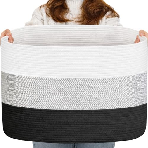 120L Extra Large Blanket Basket, Oversized Woven Cotton Rope Storage for Clothes, Pillows & Laundry, Toy Storage for Stuffed Animals with Handles for Kids Room, Living Room & Bedroom (Black/White)