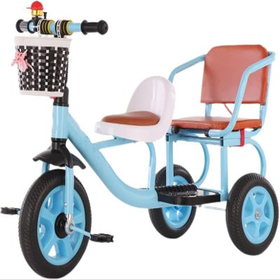 Blue,Toddler Double Seat Tricycle 3-Wheel Bike with Front Storage Basket, Stable Anti-Rollover Design, Soft Seats for Two Children Outdoor Riding