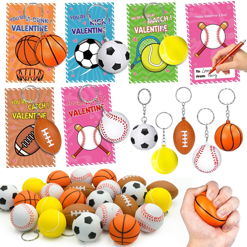 30 Pack Valentines Day Gifts for Kids ,Sports Keychain Stress Balls with Cards Mini PU Foam Squeeze Toys School Classroom Prizes Game Valentines Day Gifts for Kids Boy Girl Valentine Party Favors