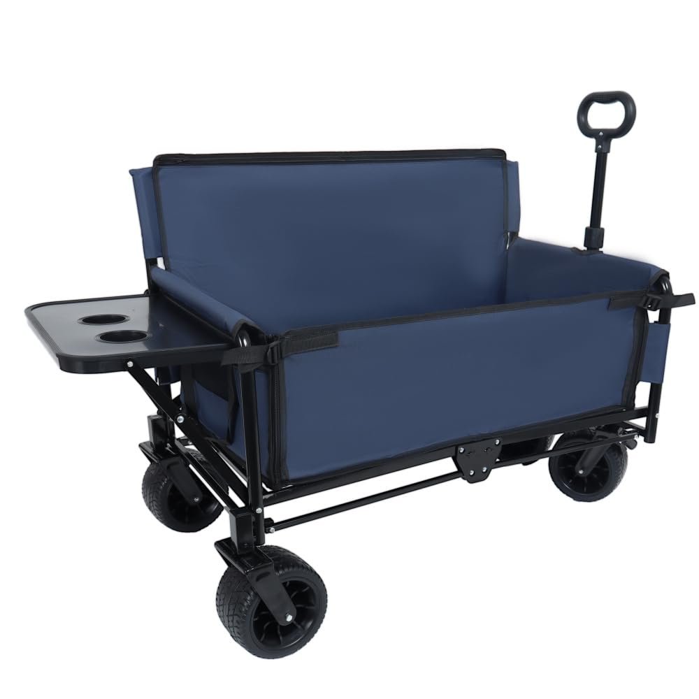 Heavy-Duty Folding Wagon with All-Terrain Wheels and Removable Seat - 500 lb Capacity for Camping, Beach, and Outdoor Use (Dark Blue + Steel-1)