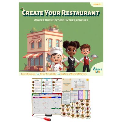 Kulture Games Create Your Restaurant Play Kit - Kids Pretend Play Set STEM Educational Toy - Magnetic Menu Board 24 Food Magnets Play Money - Entrepreneurship Learning Toys Ages 8 Up - Gift Kids