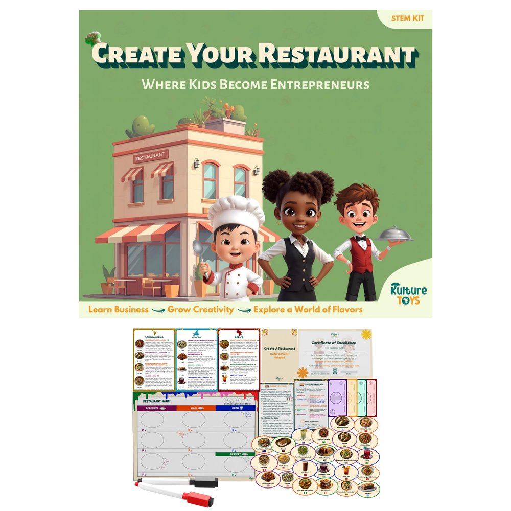 Kulture Games Create Your Restaurant Play Kit - Kids Pretend Play Set STEM Educational Toy - Magnetic Menu Board 24 Food Magnets Play Money - Entrepreneurship Learning Toys Ages 8 Up - Gift Kids
