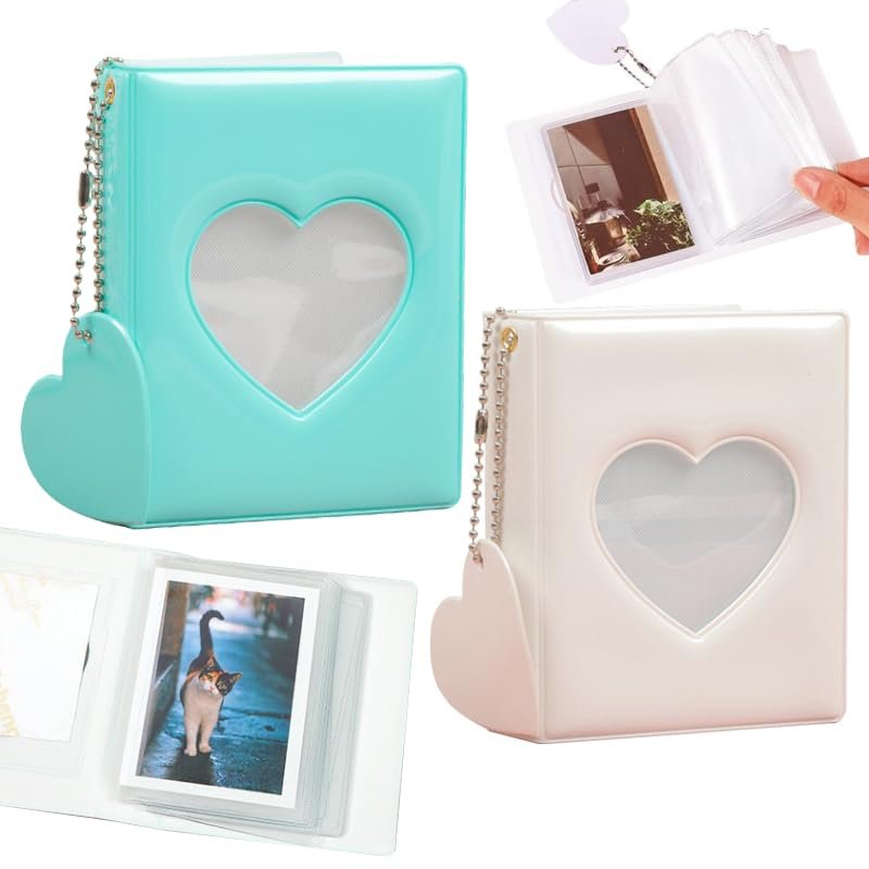 2 Pcs Love Heart Photocard Holder Book, BetterJonny 3 Inch Mini Photo Album Heart Hollow Card Binder Pendant 32 Pockets kpop photocard binder for Star Chasing Photo Collection (White, Mint Green)