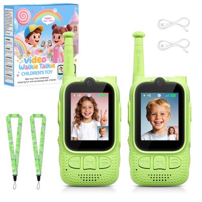 Kids Audio/Video Walkie Talkies, 2 Pack Rechargeable Walkie Talkies for Kids with 2 Screen & Camera & Voice Changer, Long Range Boys Girls Toys for Indoor Outdoor Camping Hiking Games (Green/Green)